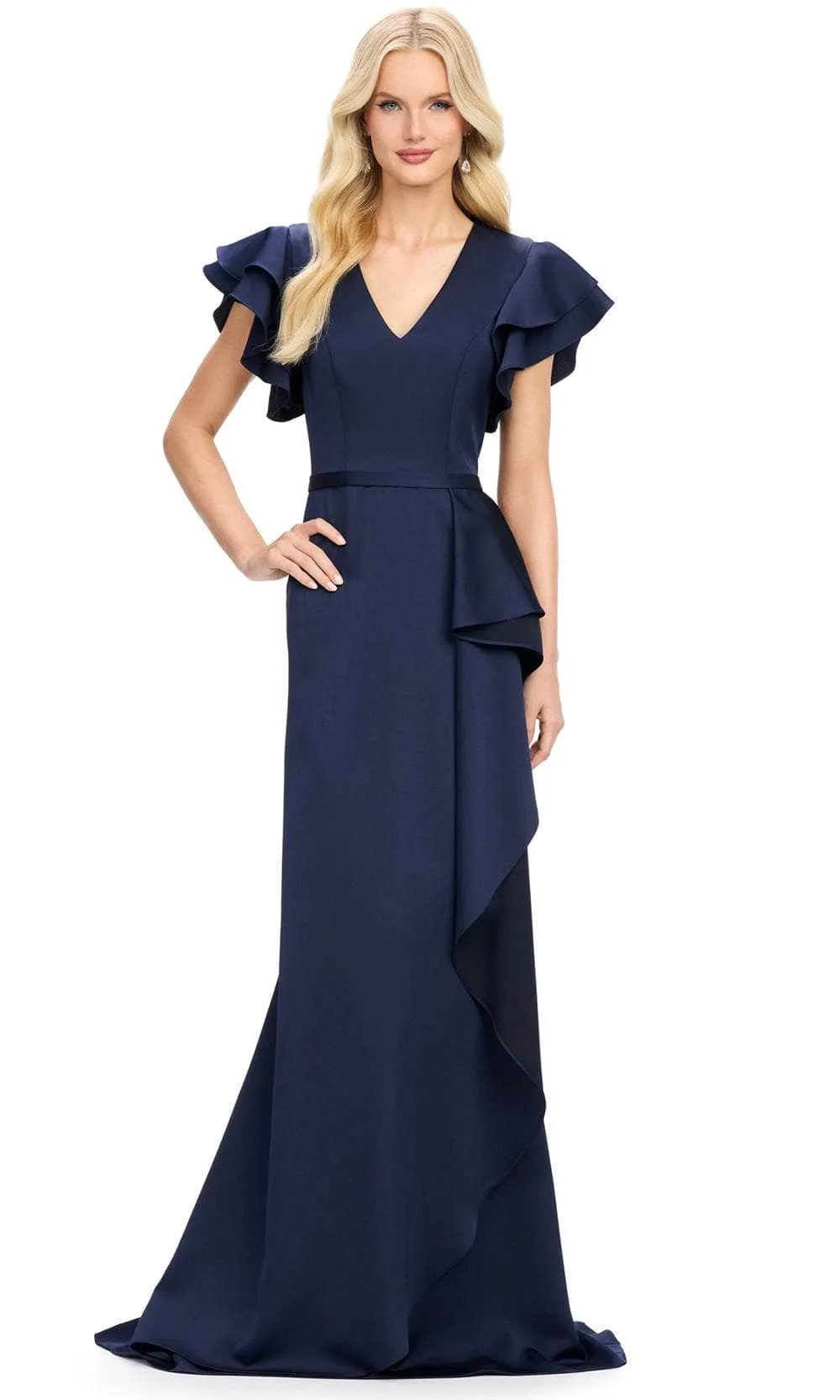Green Emerald V - Neck Evening Dresses with Ruffled Flutter Sleeves and Asymmetric Ruffle Skirt for Formal Occasions