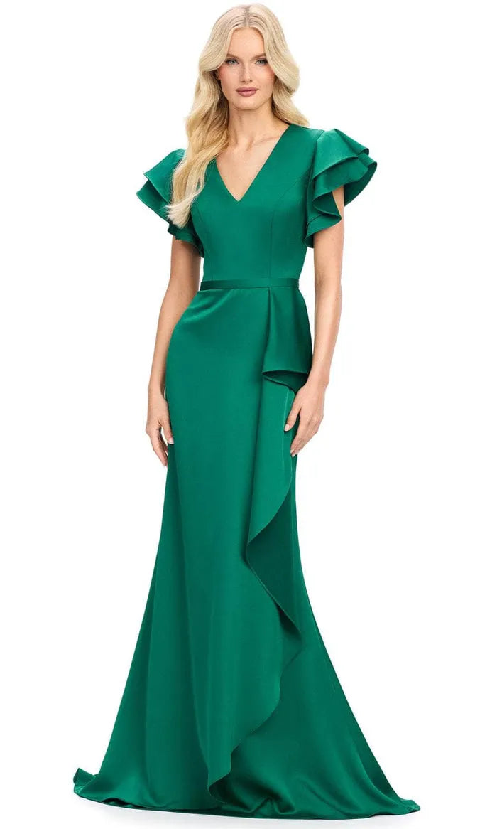 Green Emerald V - Neck Evening Dresses with Ruffled Flutter Sleeves and Asymmetric Ruffle Skirt for Formal Occasions