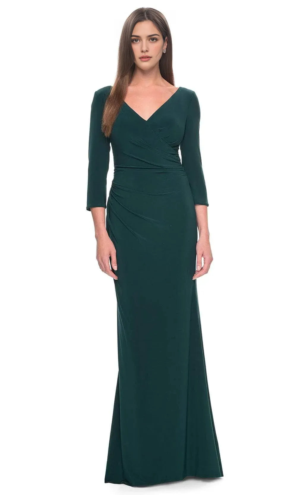 Green Emerald Wrap - Style Evening Dress with 3/4 Sleeves and V - Neckline Long for Elegant Occasions