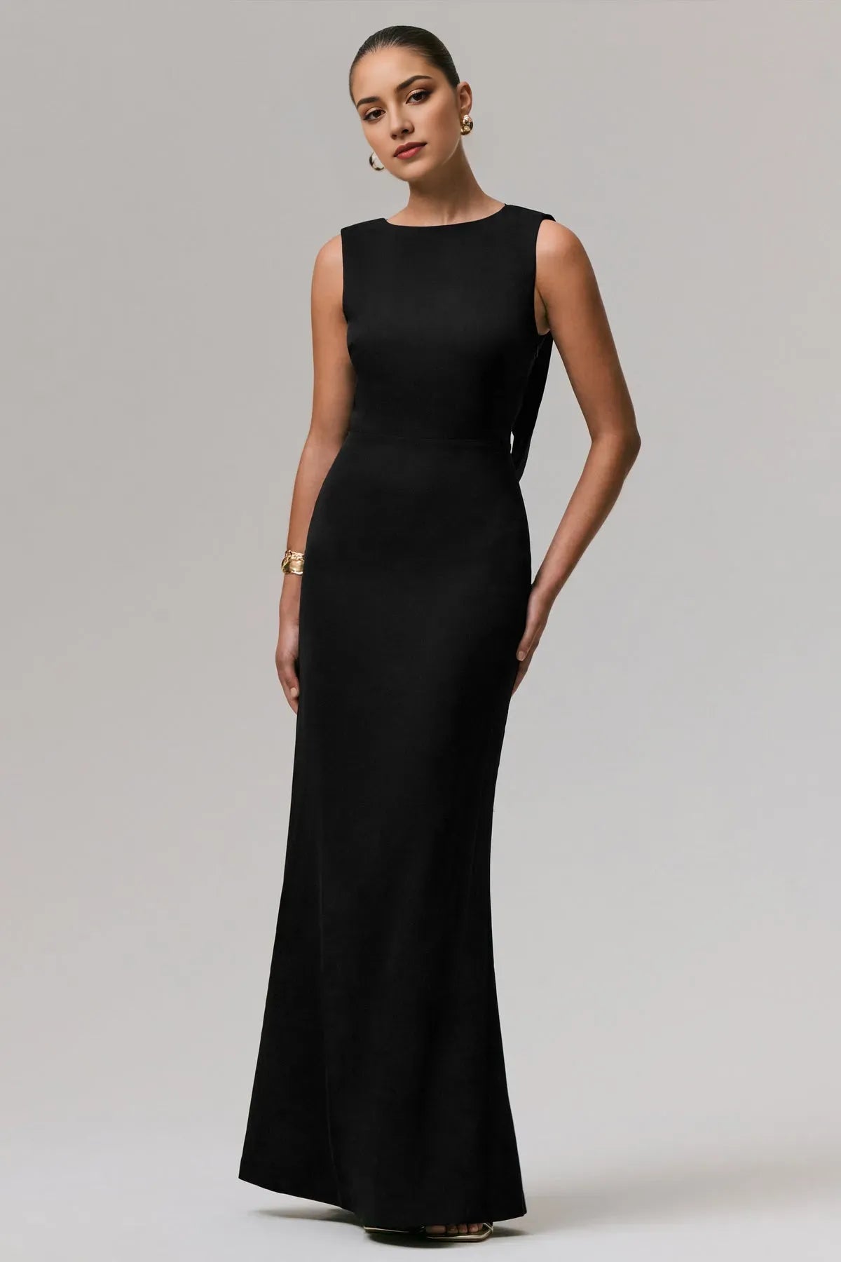Black Enchanted Mermaid Gown with Sheer Back Artistic Drape forTimeless Events