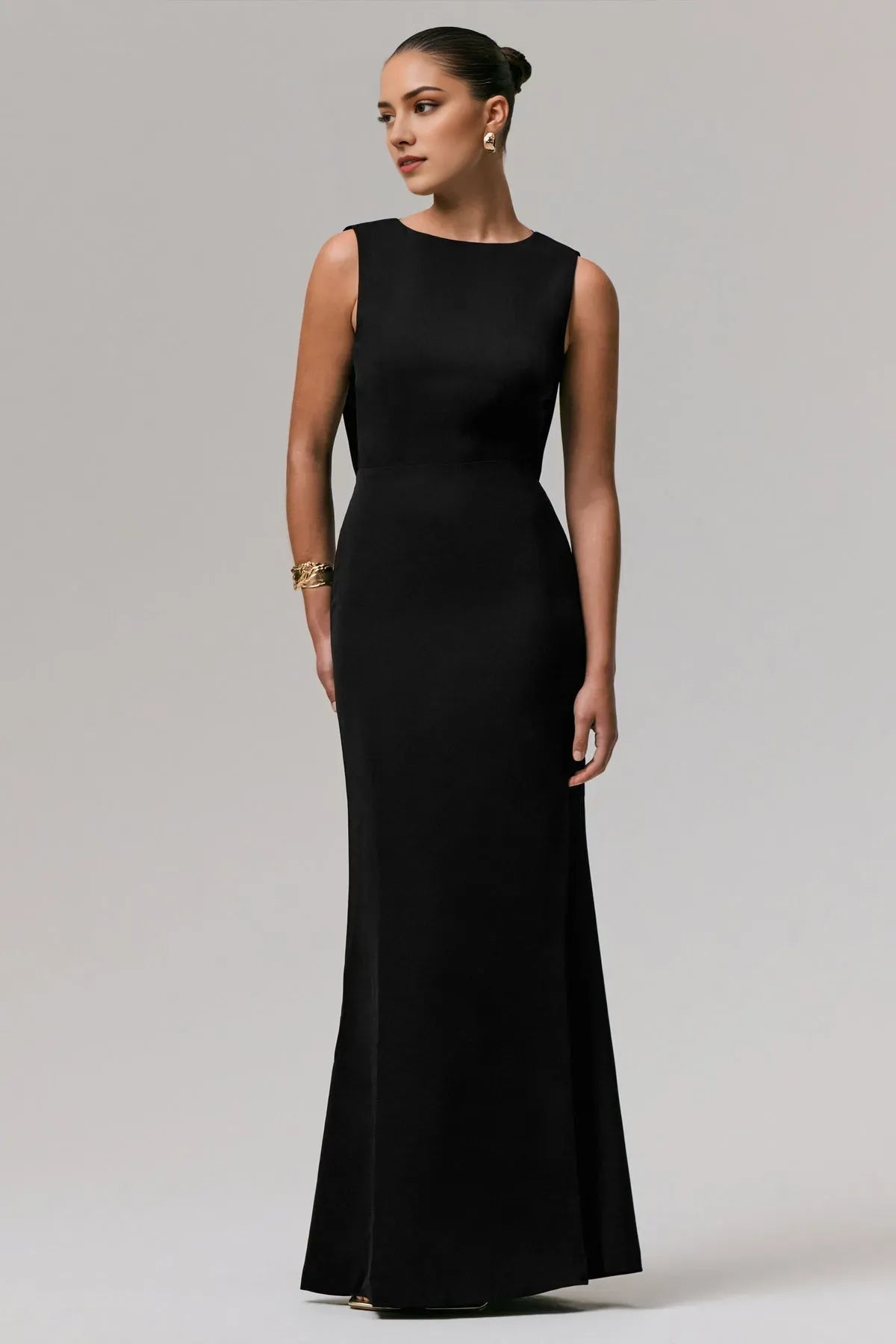 Black Enchanted Mermaid Gown with Sheer Back Artistic Drape forTimeless Events