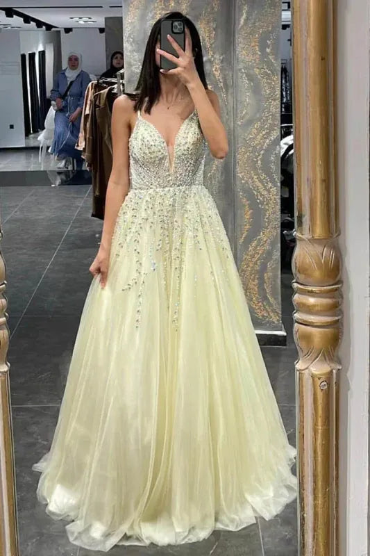 Yellow Enchanting A-line Spaghetti-strap Beaded Light Floor-length Prom Dress
