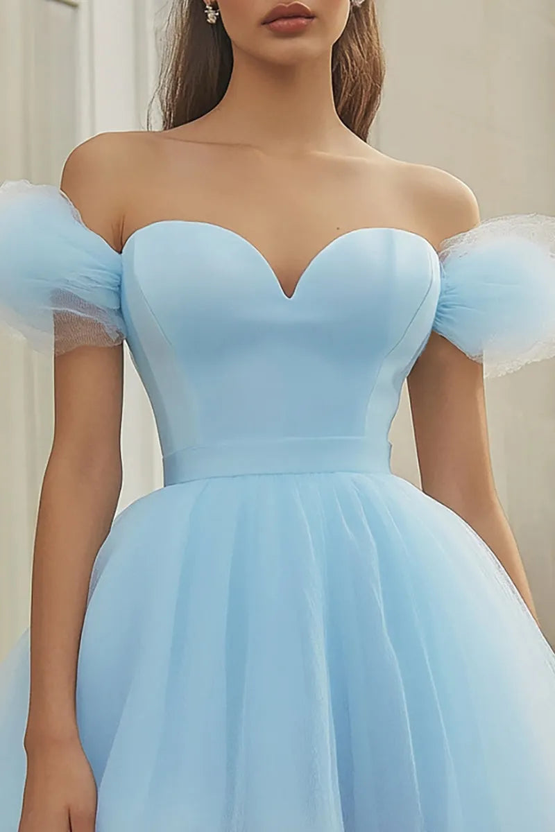 Light Blue Enchanting Light Off - Shoulder Homecoming Dress with Puff Sleeves