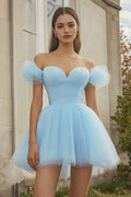 Light Blue Enchanting Light Off - Shoulder Homecoming Dress with Puff Sleeves