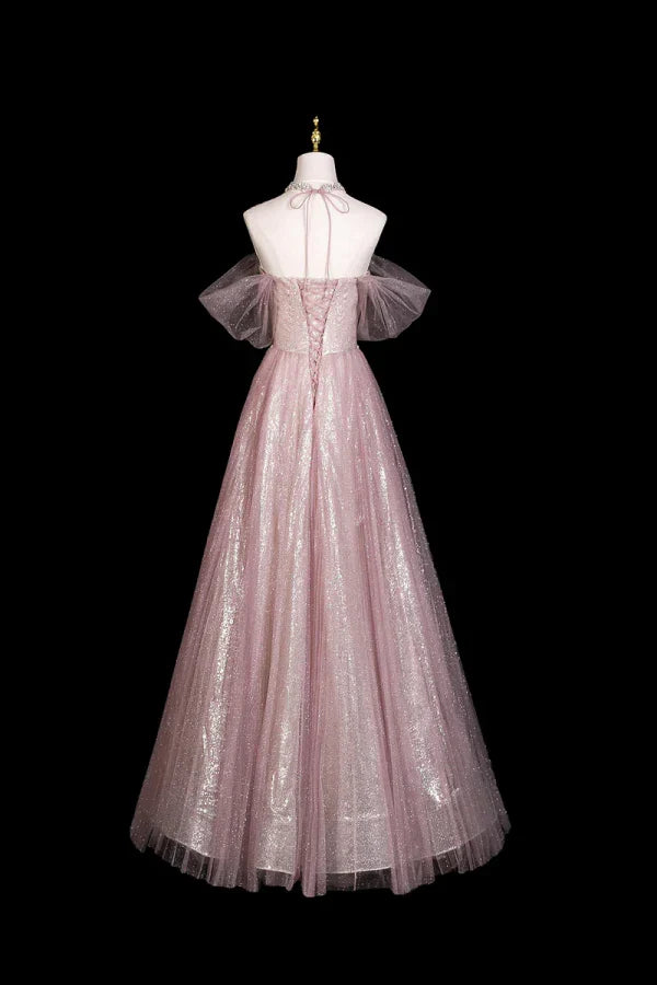 Pink Enchanting Off-the-Shoulder Beaded Glitter Long Prom Dresses