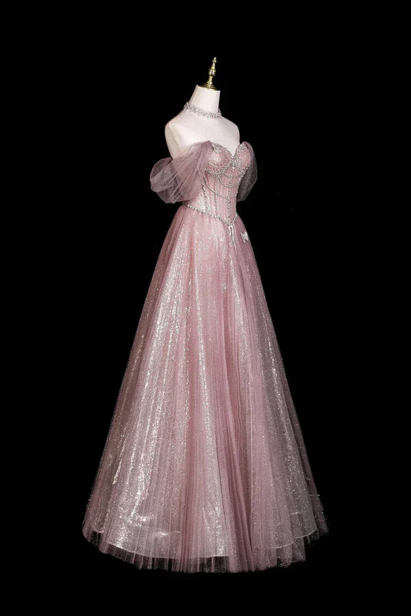 Pink Enchanting Off-the-Shoulder Beaded Glitter Long Prom Dresses