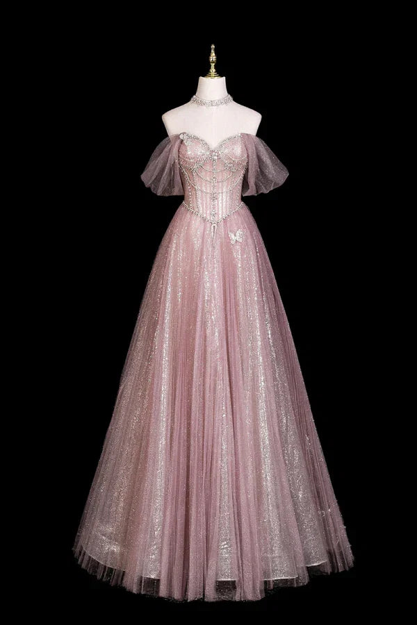 Pink Enchanting Off-the-Shoulder Beaded Glitter Long Prom Dresses