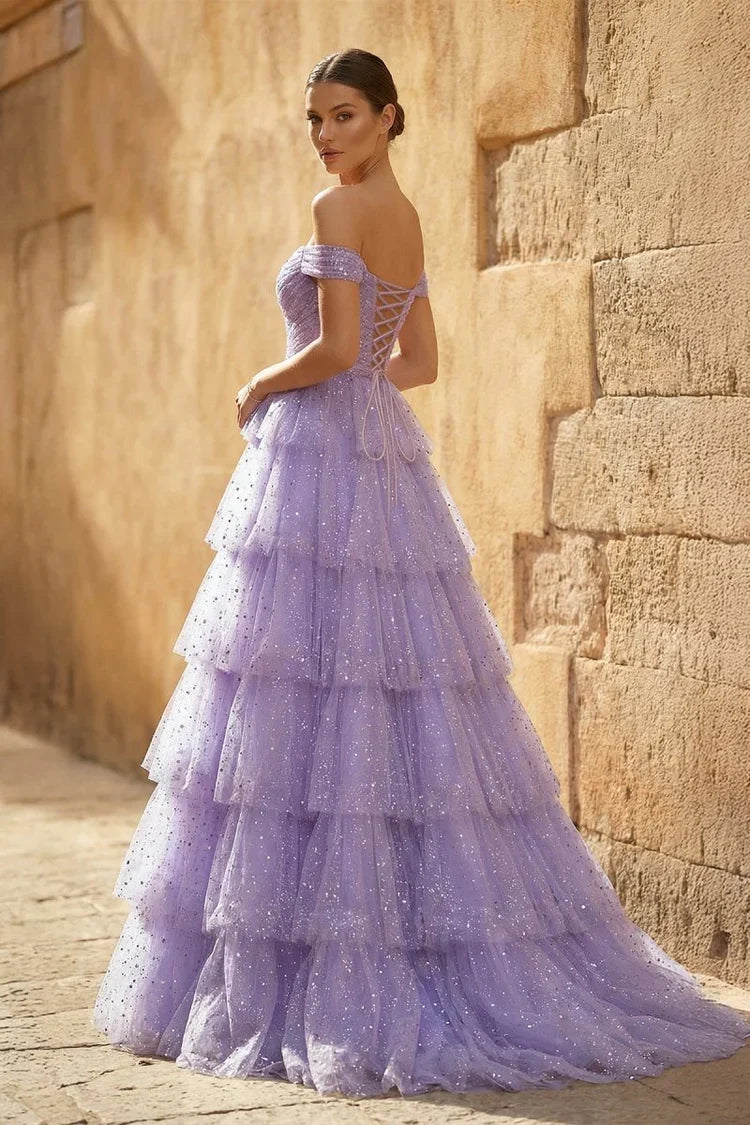 Lavender Enchanting Tie Off-the-Shoulder Lavender Long Prom Dress