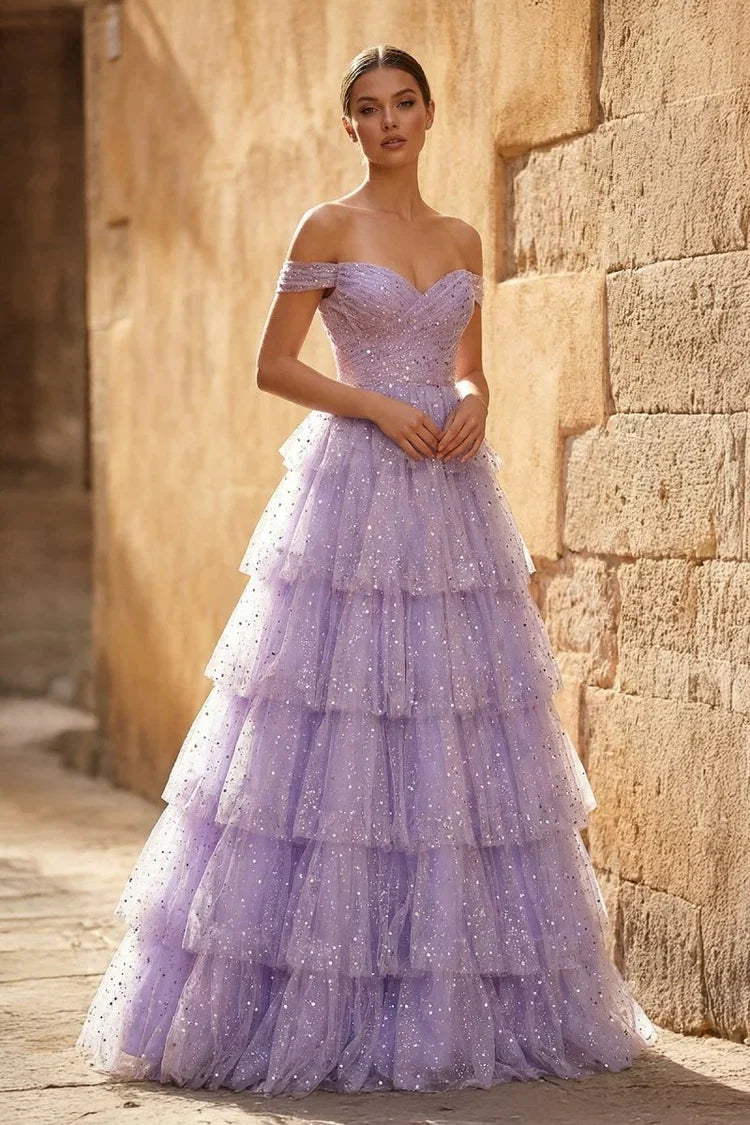 Lavender Enchanting Tie Off-the-Shoulder Lavender Long Prom Dress