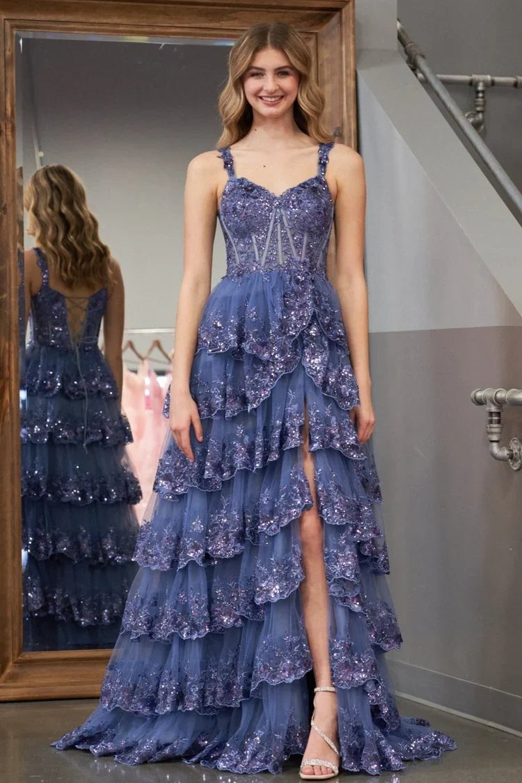 Blue Enchanting Tiered Spaghetti Strap Slate Long Prom Dress