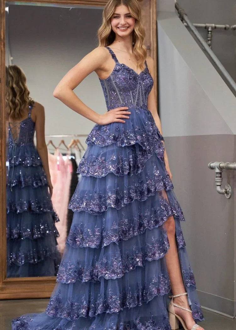 Blue Enchanting Tiered Spaghetti Strap Slate Long Prom Dress