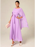 Lilac Ethereal A-Line Crew Neck Cape-Sleeve Belted Midi Prom Dress