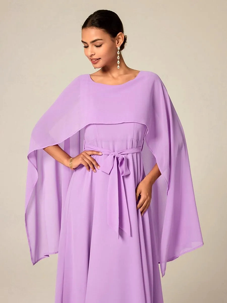 Lilac Ethereal A-Line Crew Neck Cape-Sleeve Belted Midi Prom Dress