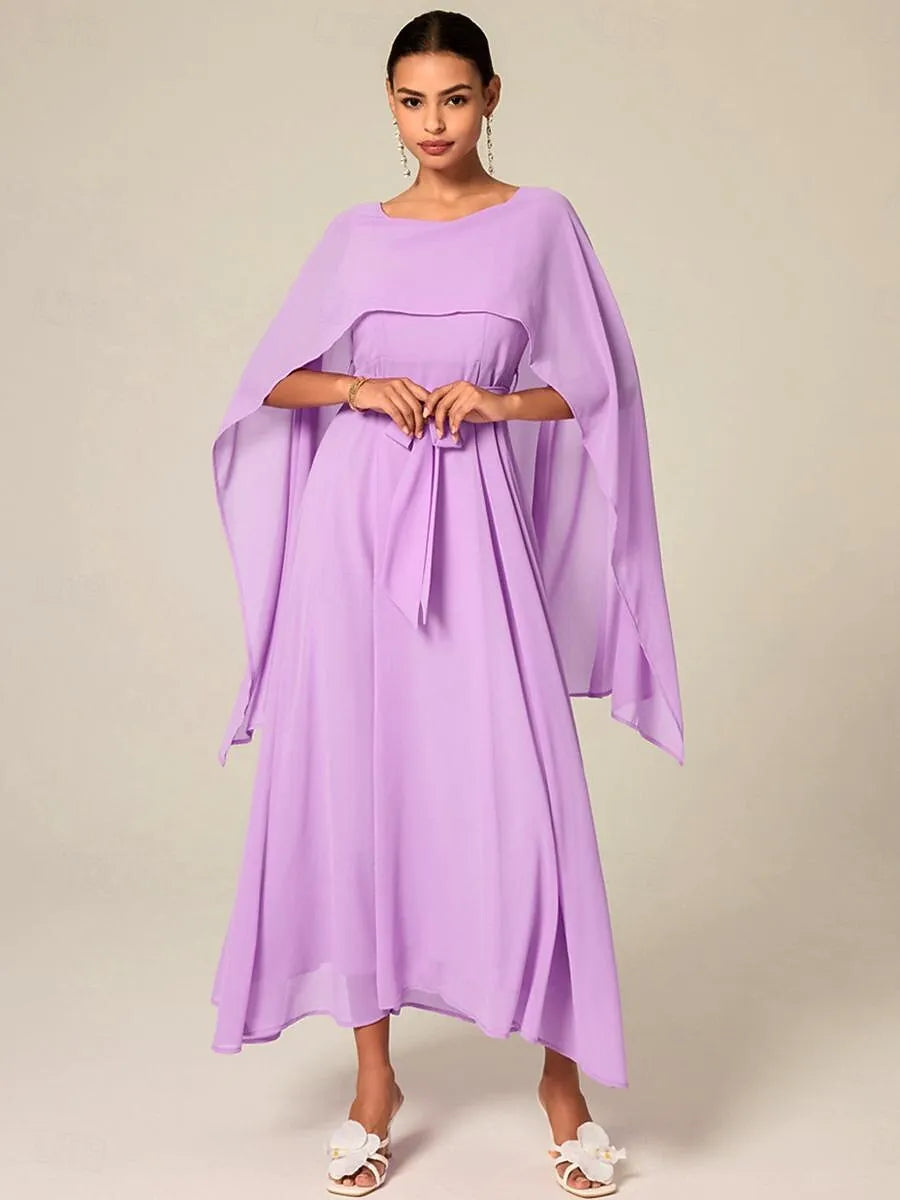 Lilac Ethereal A-Line Crew Neck Cape-Sleeve Belted Midi Prom Dress