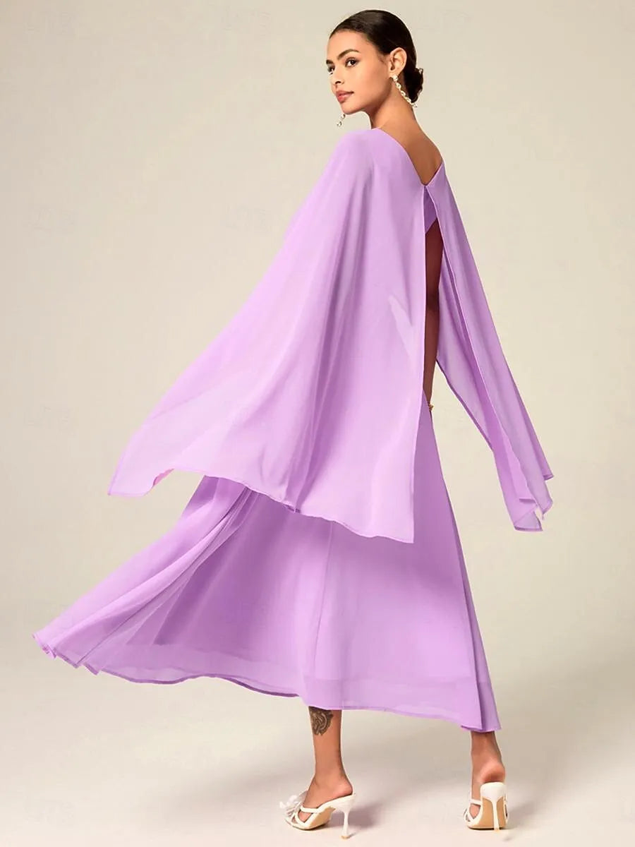 Lilac Ethereal A-Line Crew Neck Cape-Sleeve Belted Midi Prom Dress