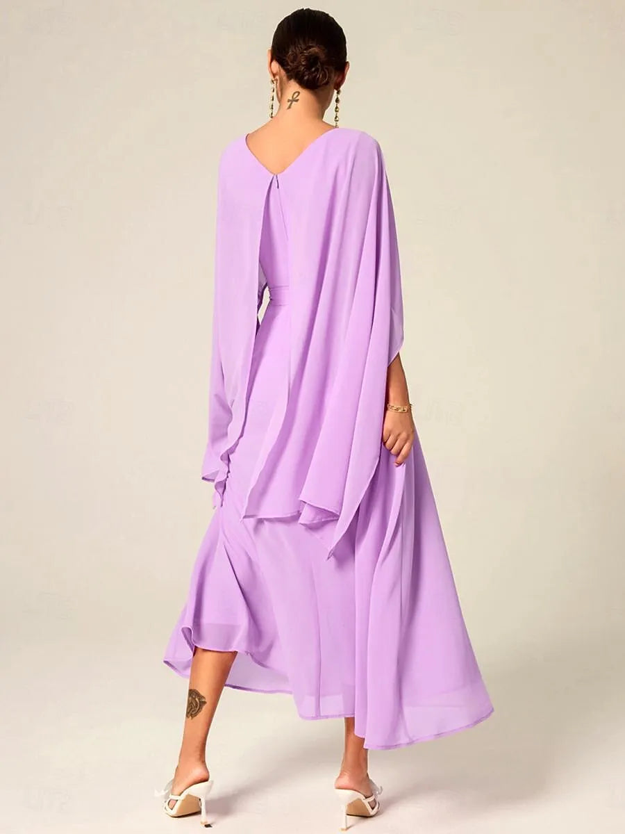 Lilac Ethereal A-Line Crew Neck Cape-Sleeve Belted Midi Prom Dress
