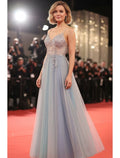 Sky Blue Ethereal A-Line Spaghetti Strap Beaded Ombre Sky Floor Length Prom Dress
