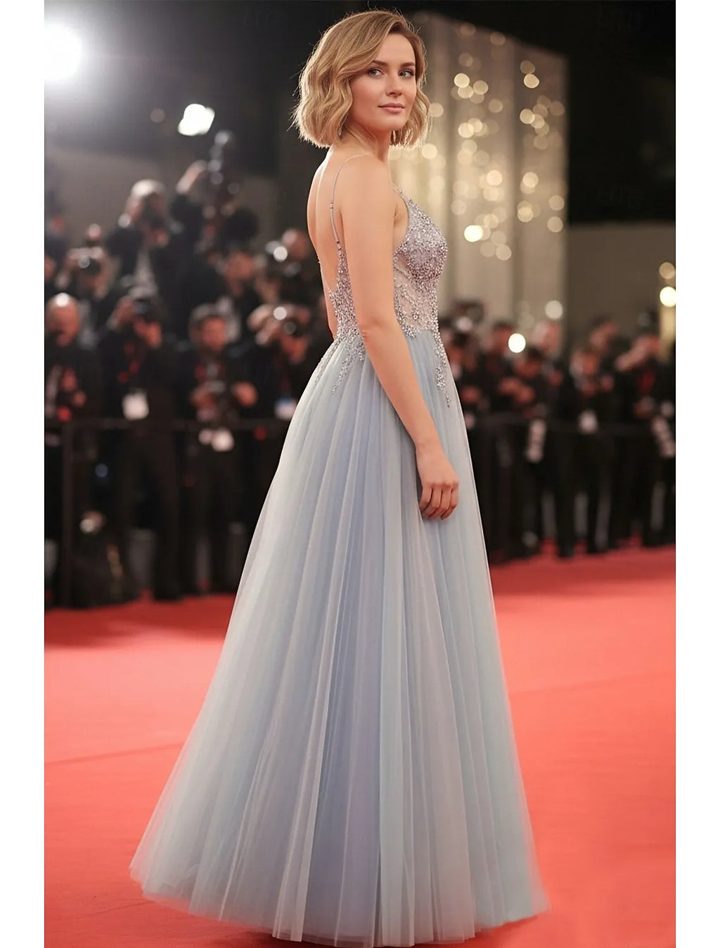 Sky Blue Ethereal A-Line Spaghetti Strap Beaded Ombre Sky Floor Length Prom Dress