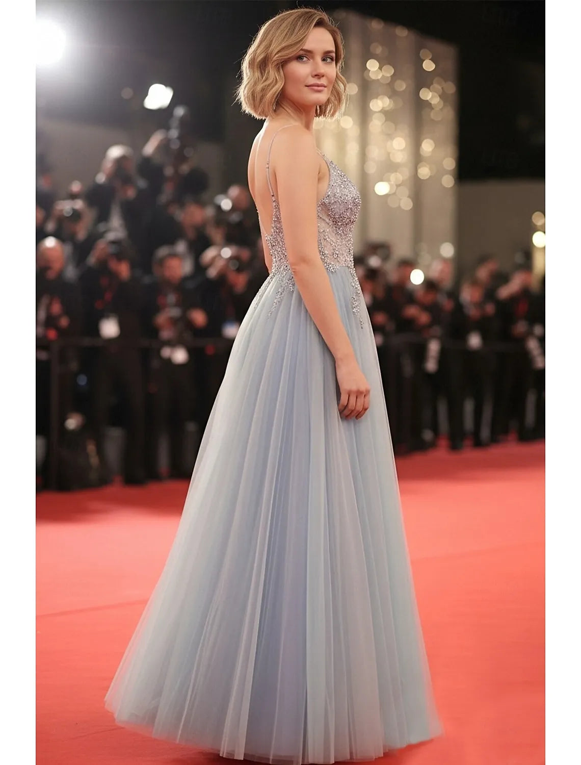 Sky Blue Ethereal A-Line Spaghetti Strap Beaded Ombre Sky Floor Length Prom Dress