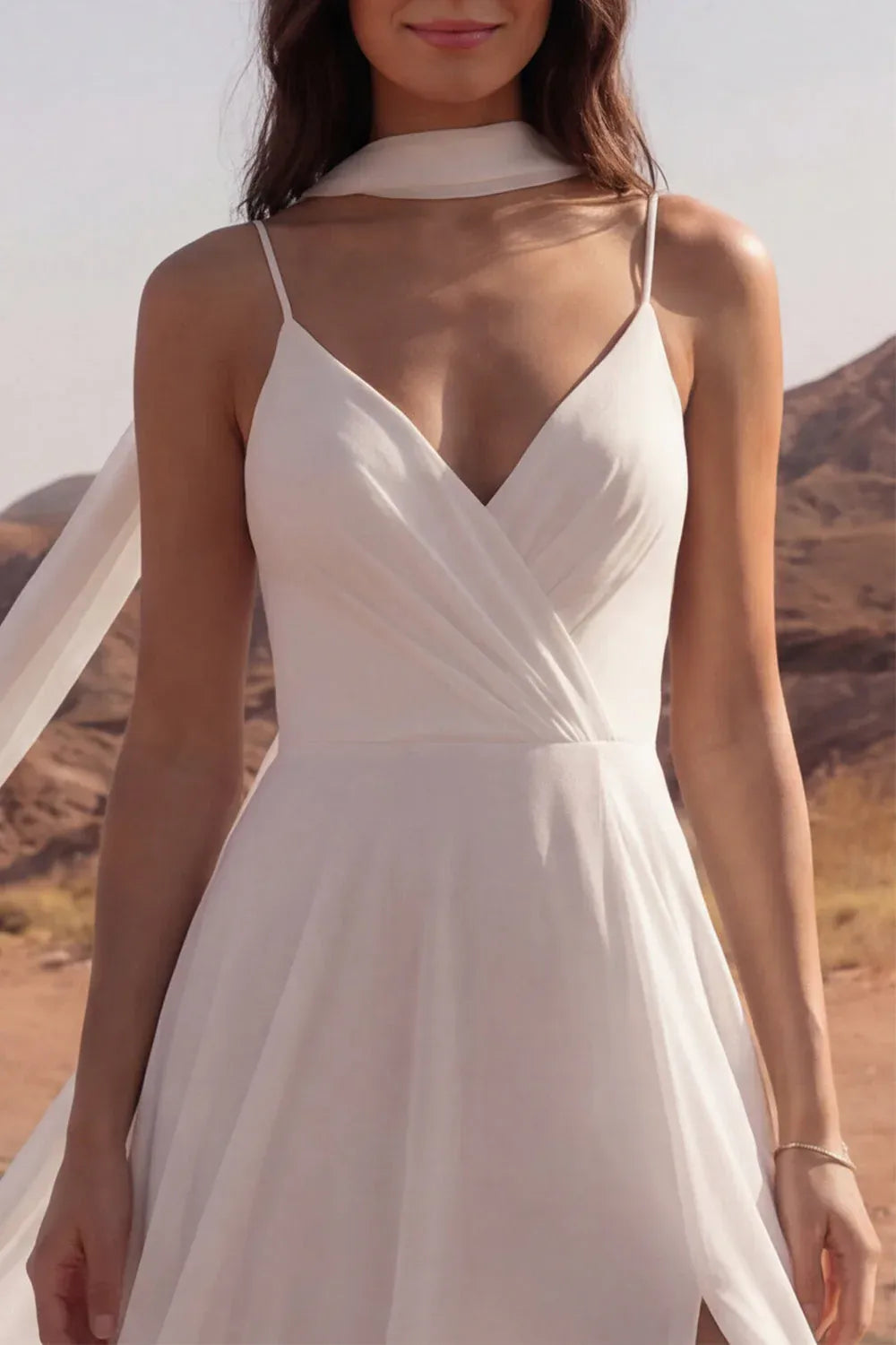 White Ethereal A-Line V-Neck Backless Maxi Wedding Dress With Streamer