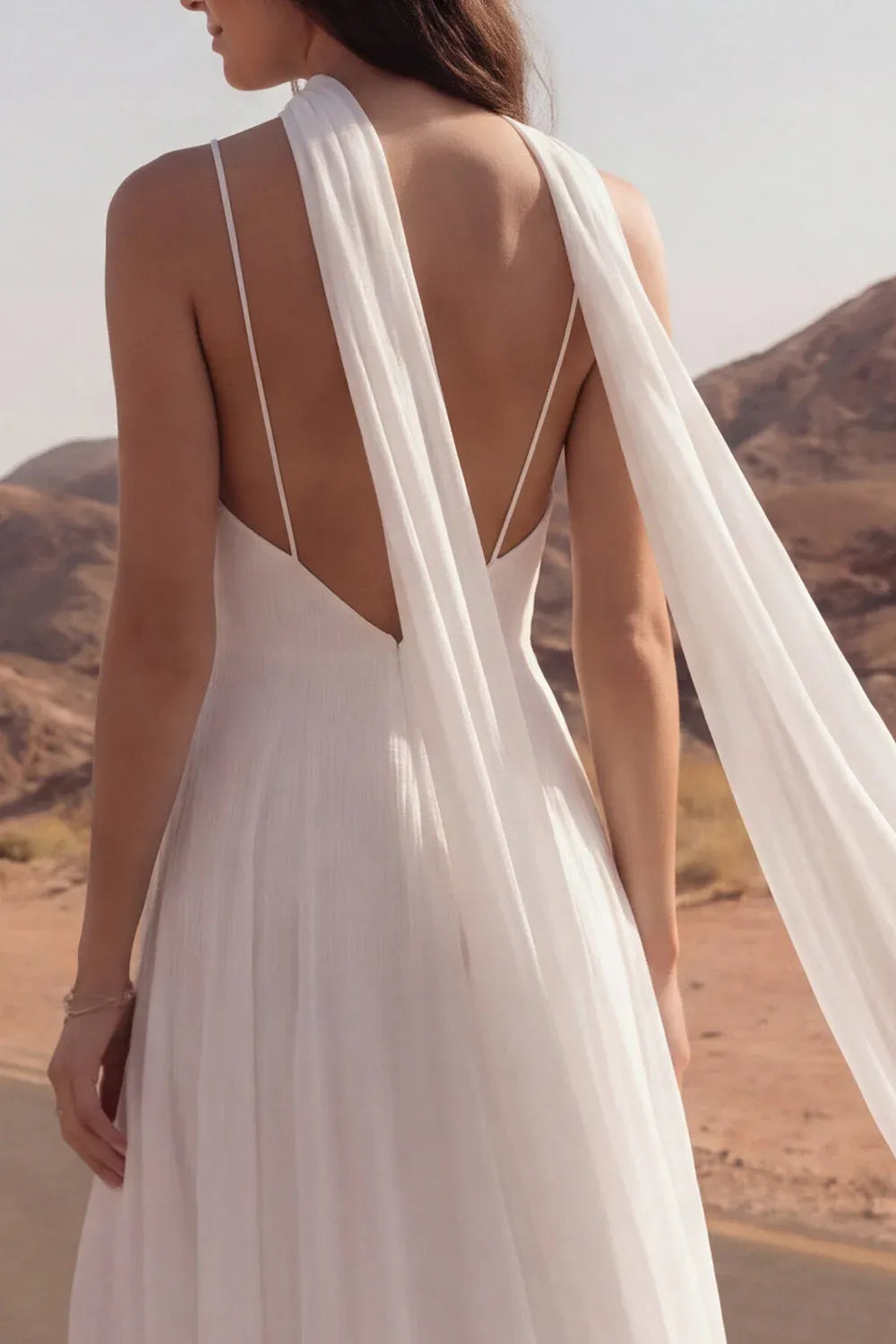 White Ethereal A-Line V-Neck Backless Maxi Wedding Dress With Streamer