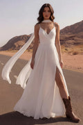 White Ethereal A-Line V-Neck Backless Maxi Wedding Dress With Streamer