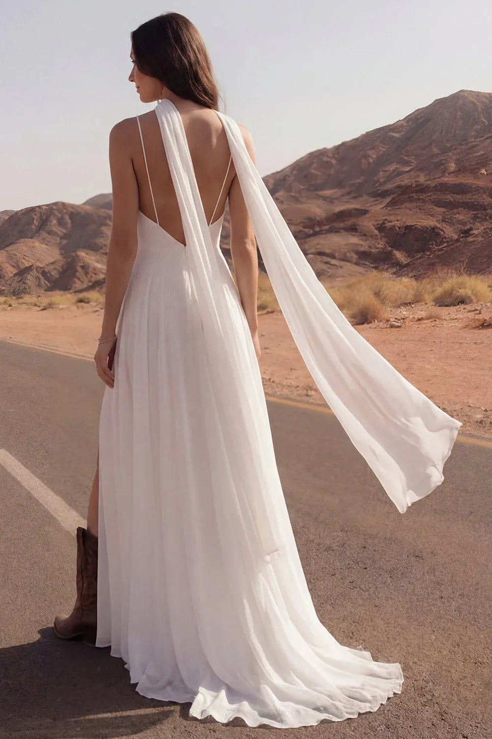 White Ethereal A-Line V-Neck Backless Maxi Wedding Dress With Streamer