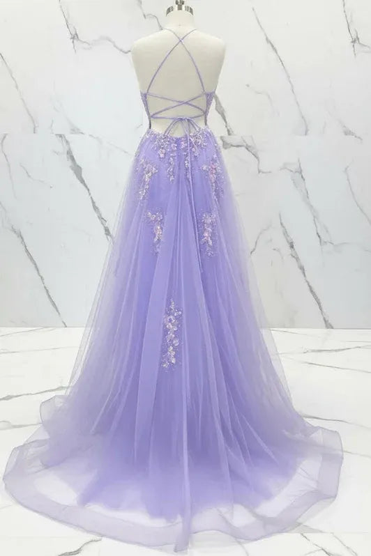 Lilac Ethereal A-Line V-Neck Sleeveless Beaded Maxi Prom Dress
