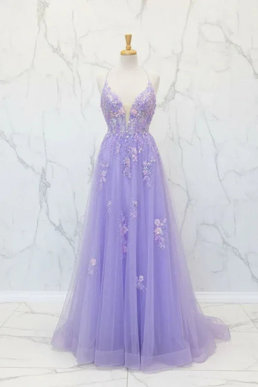 Lilac Ethereal A-Line V-Neck Sleeveless Beaded Maxi Prom Dress