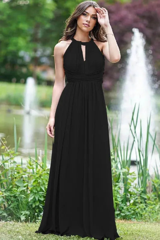 Lilac Ethereal A-line Halter-neck Sleeveless Ruched Floor-length Prom Dress
