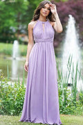 Lilac Ethereal A-line Halter-neck Sleeveless Ruched Floor-length Prom Dress