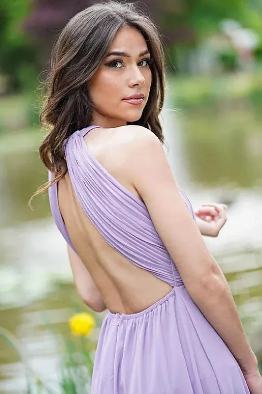 Lilac Ethereal A-line Halter-neck Sleeveless Ruched Floor-length Prom Dress