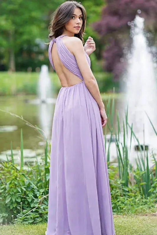 Lilac Ethereal A-line Halter-neck Sleeveless Ruched Floor-length Prom Dress