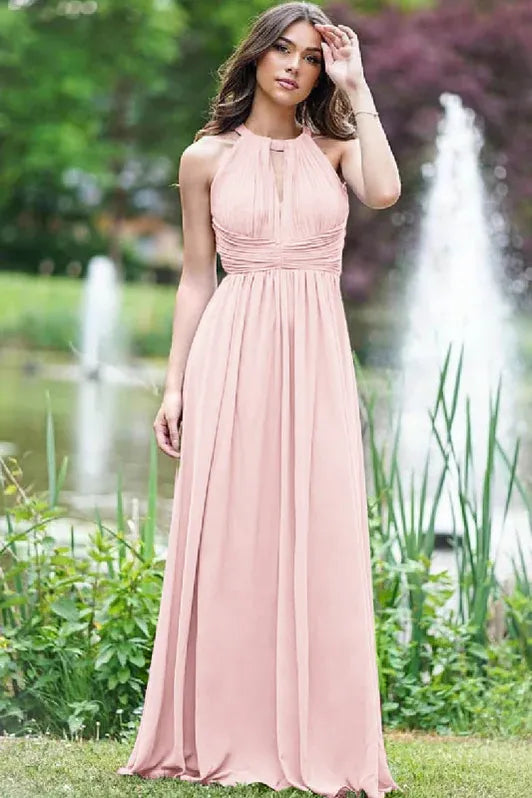 Lilac Ethereal A-line Halter-neck Sleeveless Ruched Floor-length Prom Dress