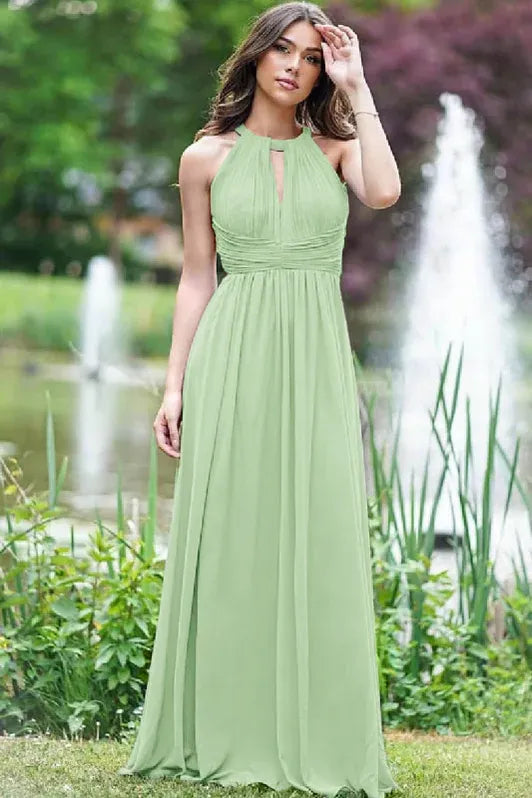 Lilac Ethereal A-line Halter-neck Sleeveless Ruched Floor-length Prom Dress