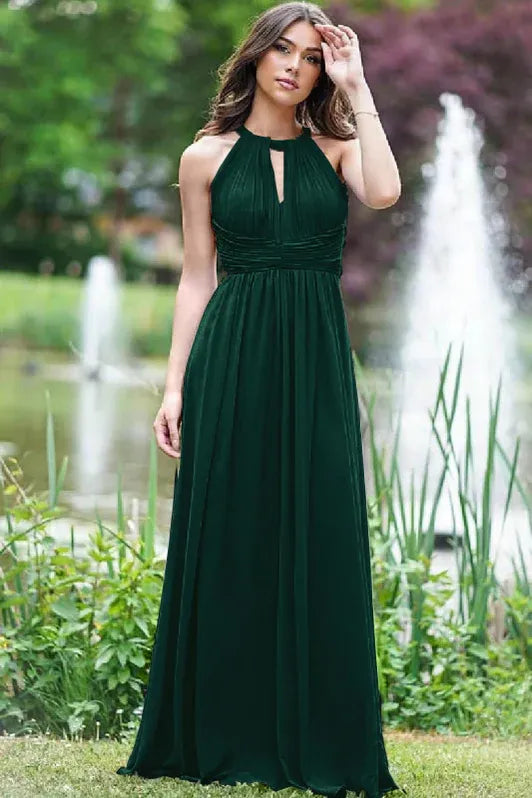 Lilac Ethereal A-line Halter-neck Sleeveless Ruched Floor-length Prom Dress