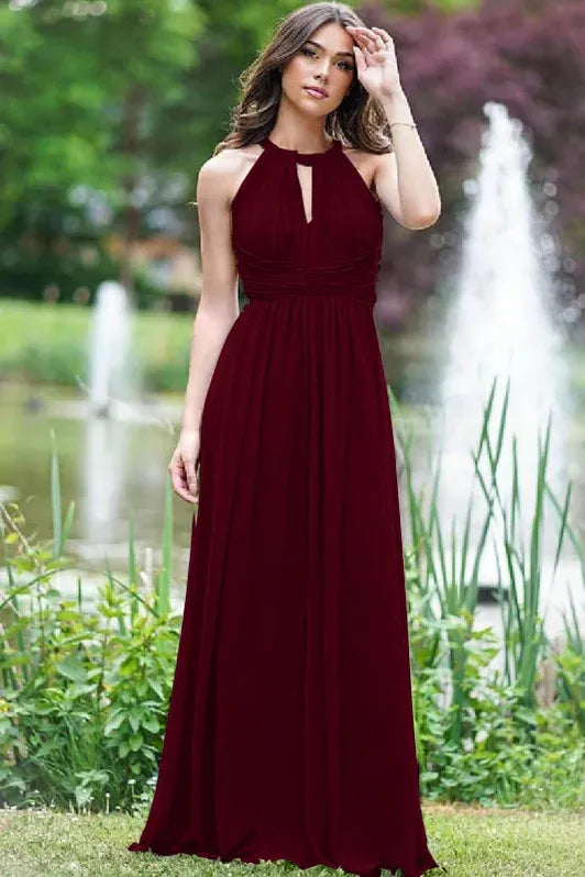 Lilac Ethereal A-line Halter-neck Sleeveless Ruched Floor-length Prom Dress