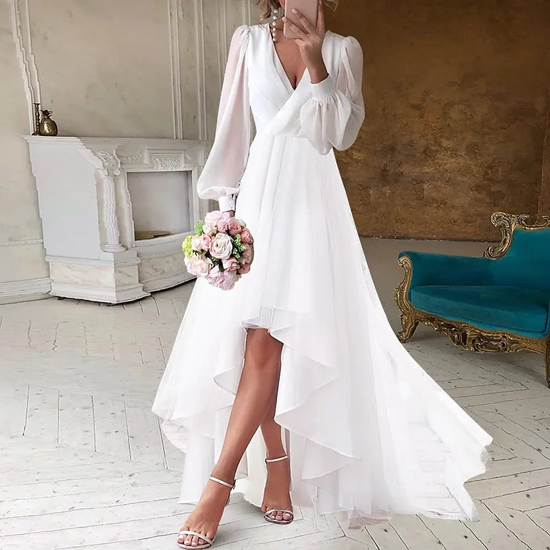 White Ethereal A-line V-Neck Long Sleeve Ruffled High-Low Prom Dress