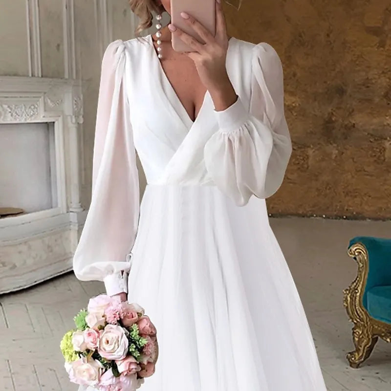 White Ethereal A-line V-Neck Long Sleeve Ruffled High-Low Prom Dress