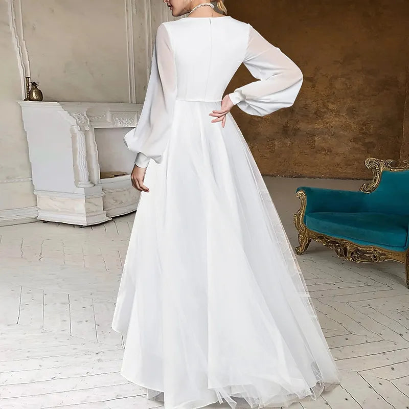 White Ethereal A-line V-Neck Long Sleeve Ruffled High-Low Prom Dress