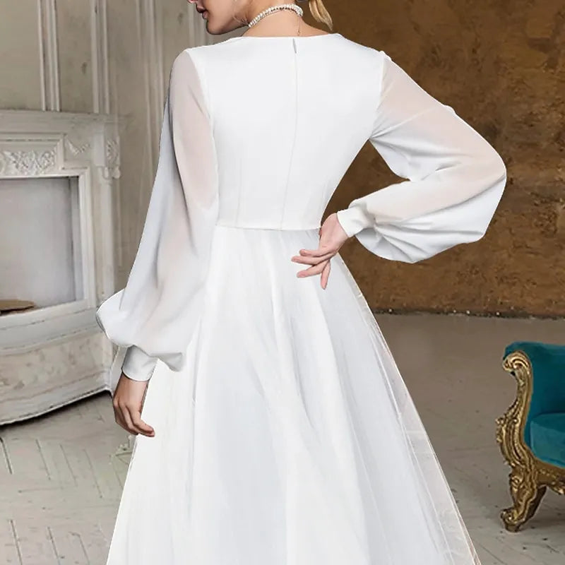 White Ethereal A-line V-Neck Long Sleeve Ruffled High-Low Prom Dress