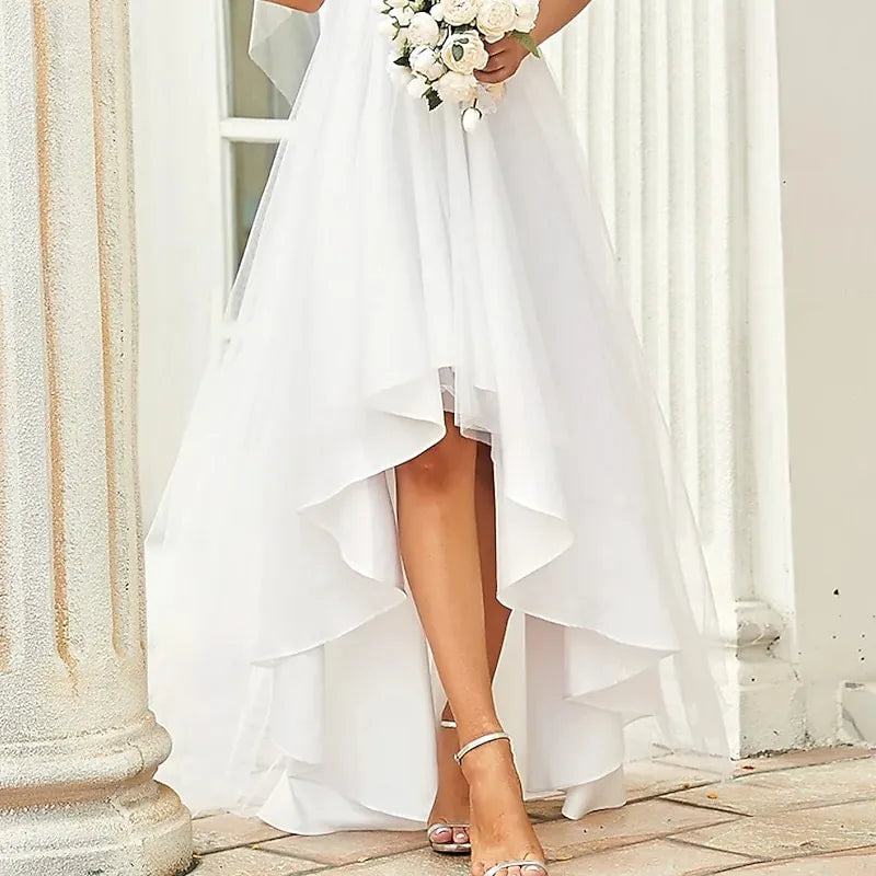 White Ethereal A-line V-Neck Long Sleeve Ruffled High-Low Prom Dress