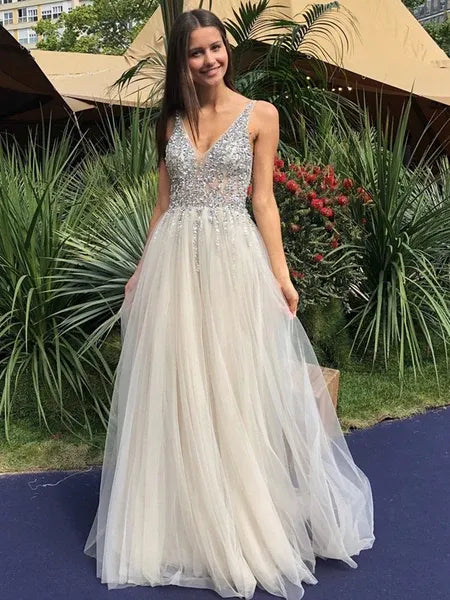 Ivory Ethereal A Line V Neck Beaded Sequins Backless Train Prom Dress