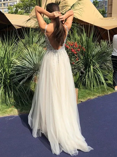Ivory Ethereal A Line V Neck Beaded Sequins Backless Train Prom Dress