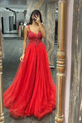 Red Ethereal Ballgown V-neck Sleeveless Beaded Floor-length Prom Dress for Women Custom