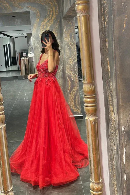 Red Ethereal Ballgown V-neck Sleeveless Beaded Floor-length Prom Dress for Women Custom