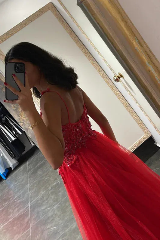 Red Ethereal Ballgown V-neck Sleeveless Beaded Floor-length Prom Dress for Women Custom