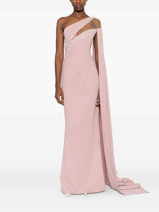 Elegant Red A-Line One-Shoulder Classic-Sleeve Classic-Back Floor-Length Evening Dress