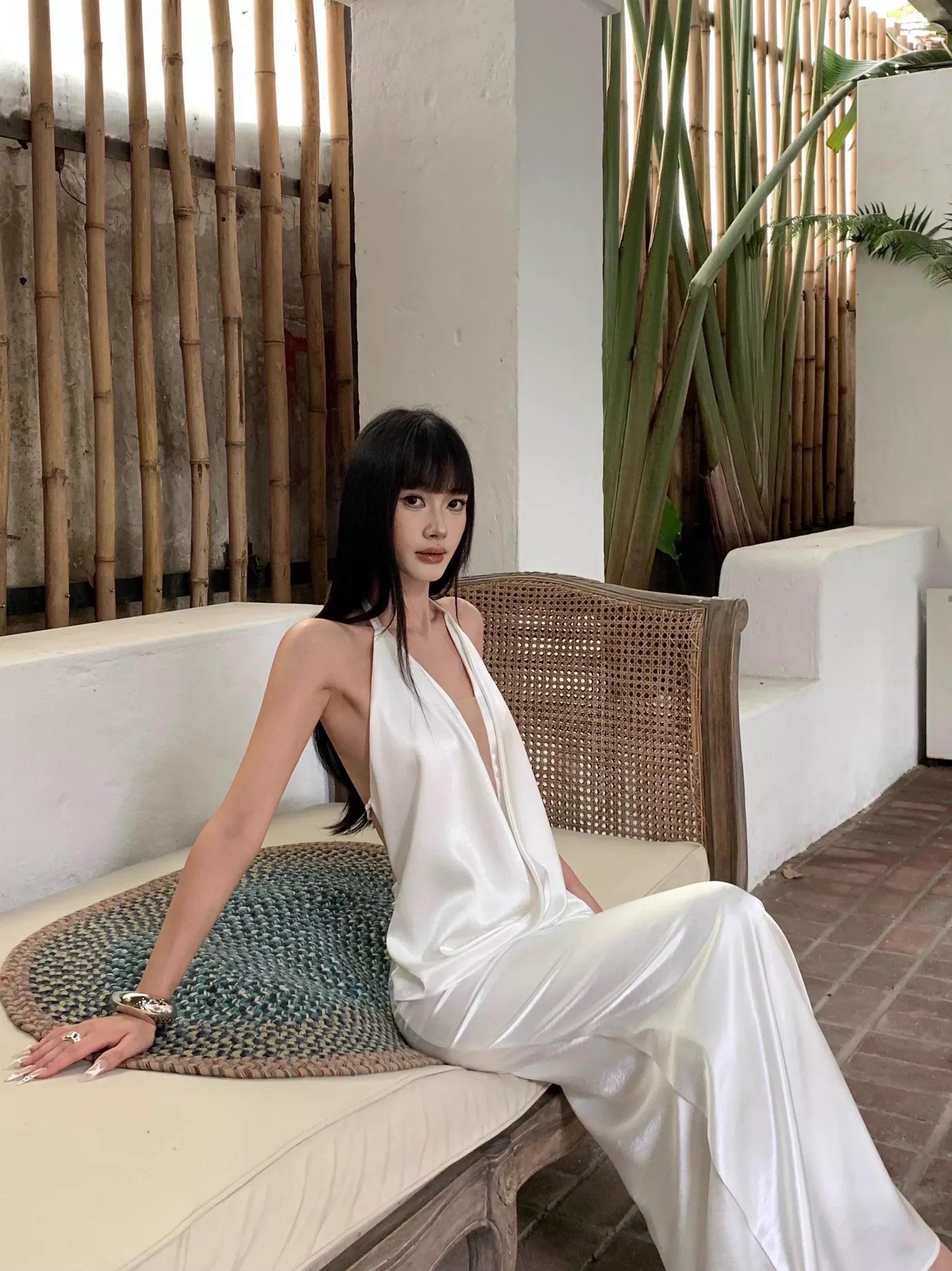 White Ethereal Mermaid Halter-Neck Draped Long Evening Dresses