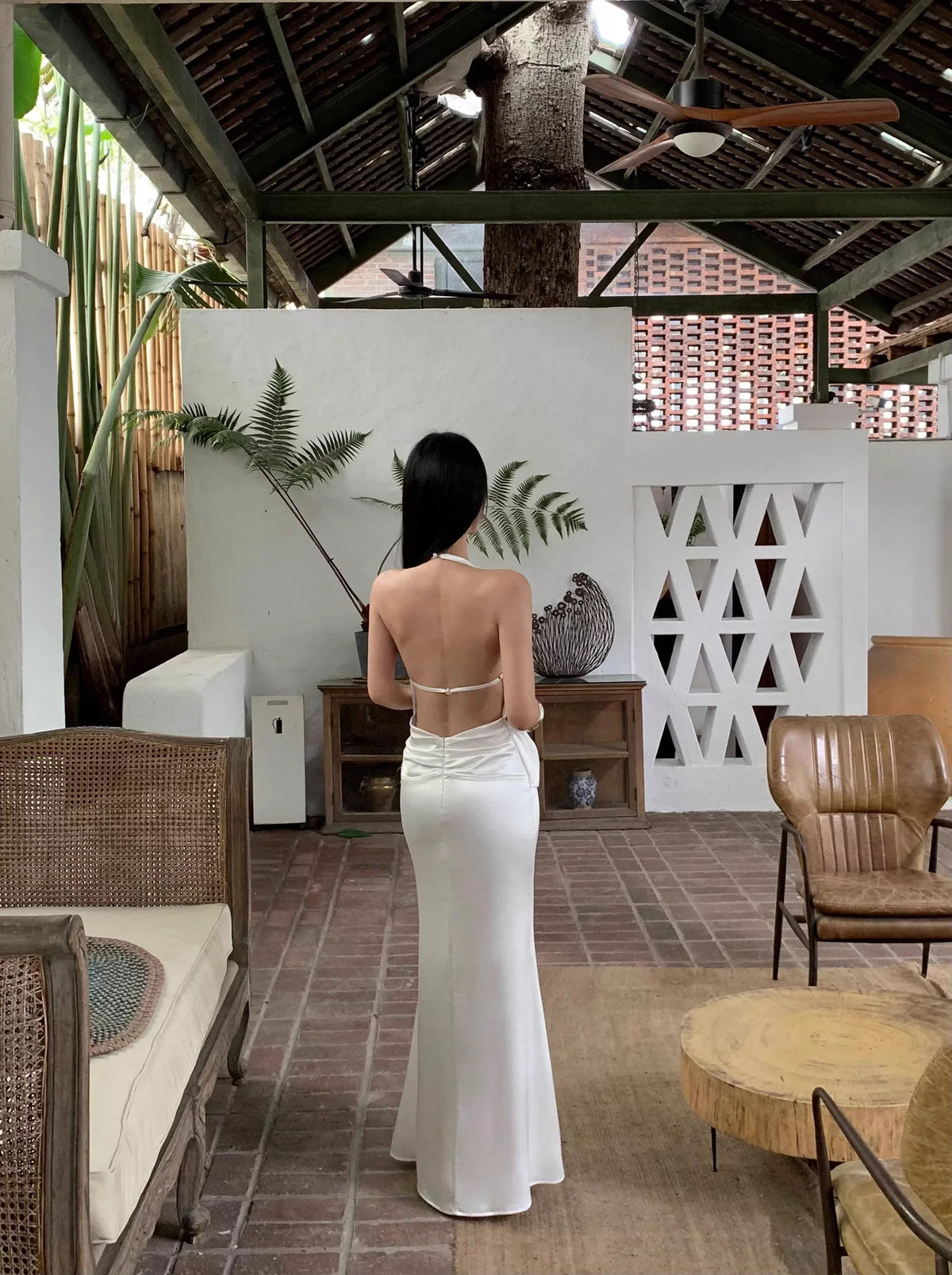 White Ethereal Mermaid Halter-Neck Draped Long Evening Dresses